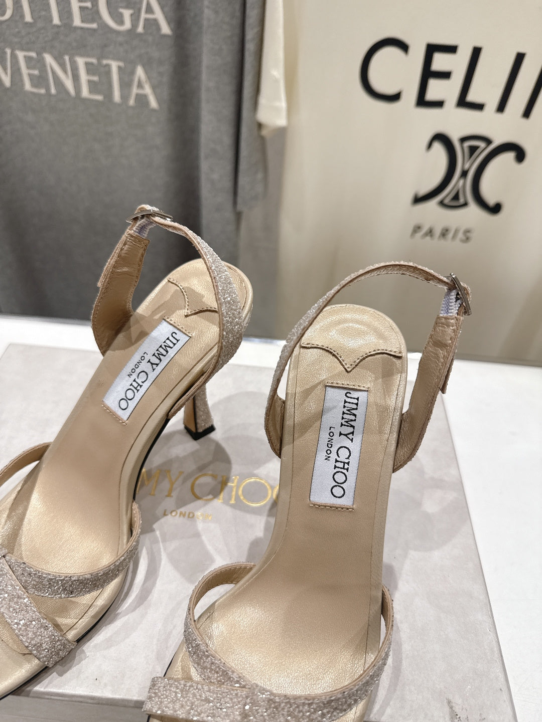 Jimmy Choo 26S High-Heeled Sandals 10.0cm Light Beige Glitter Fabric 618439