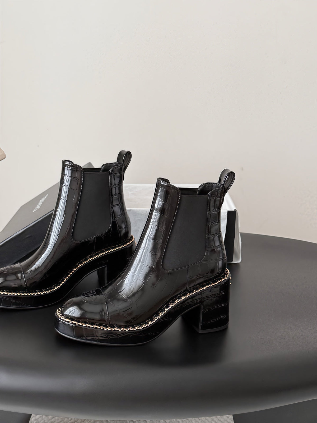Chanel 26s Chelsea Ankle Boots 7 Cm Black Embossed Patent