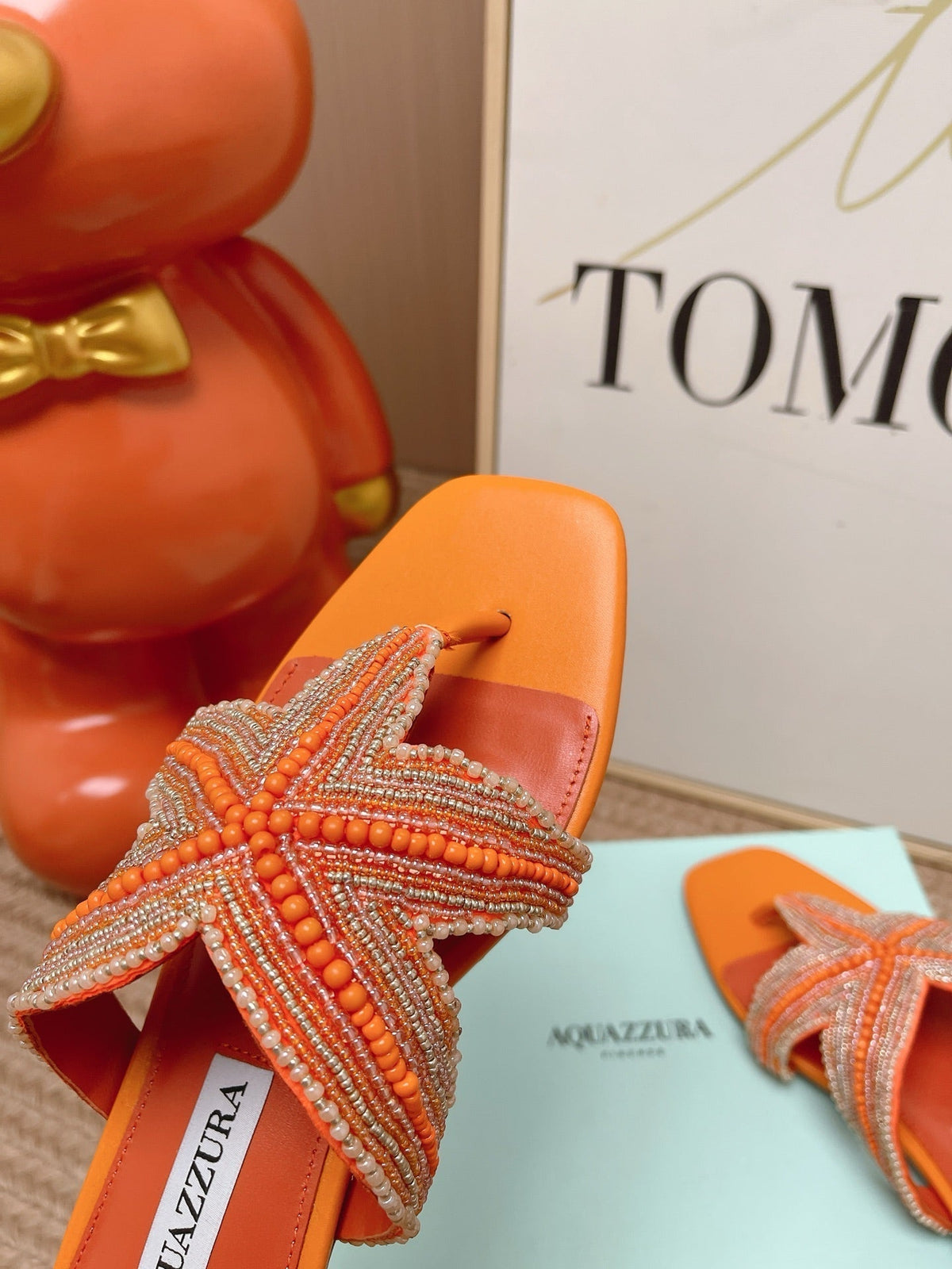 Aquazzura 26s Starfish Beaded Thong Sandals Orange Lambskin 502934