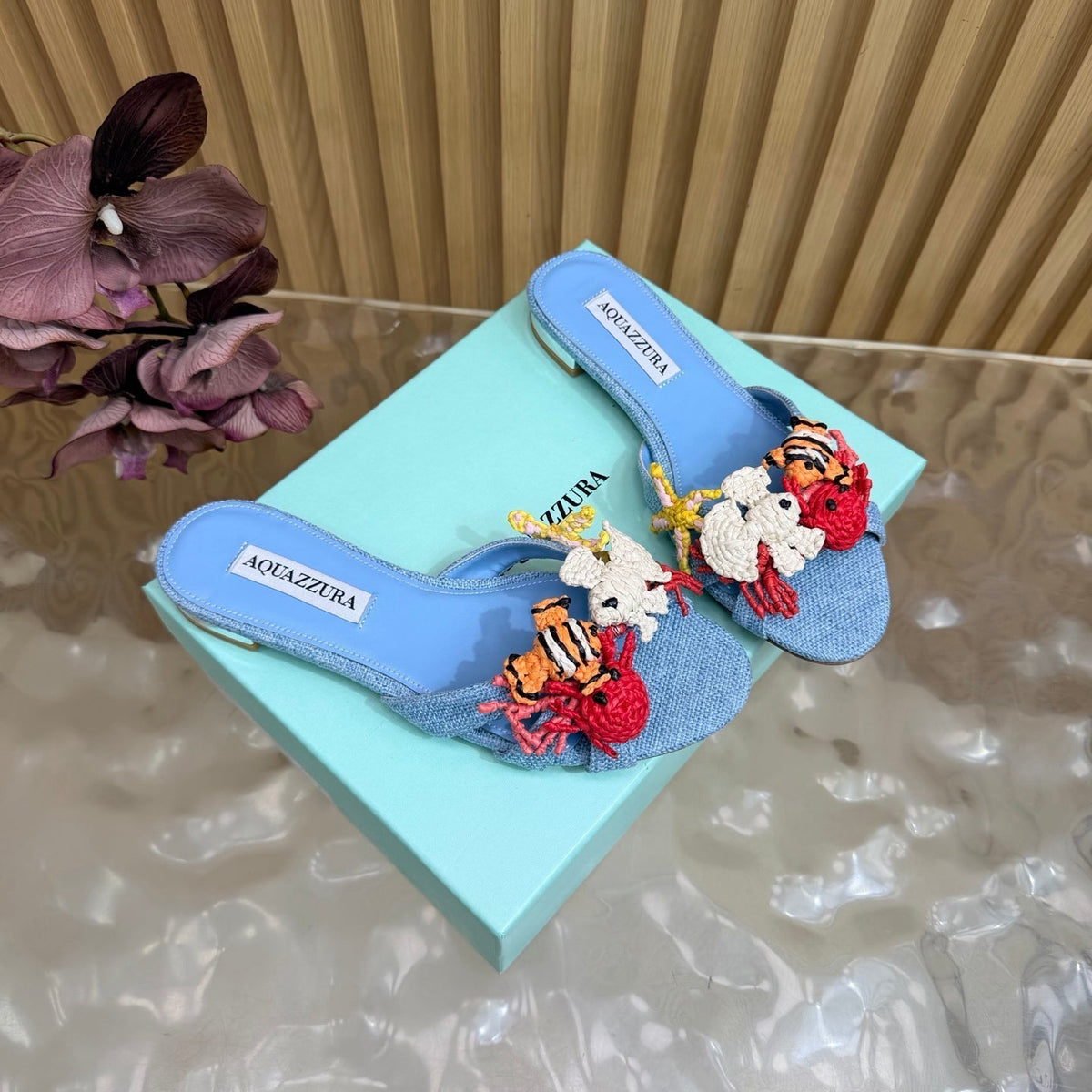 Aquazzura 26s Sandals Sky Blue Canvas With Crochet Appliques 395817