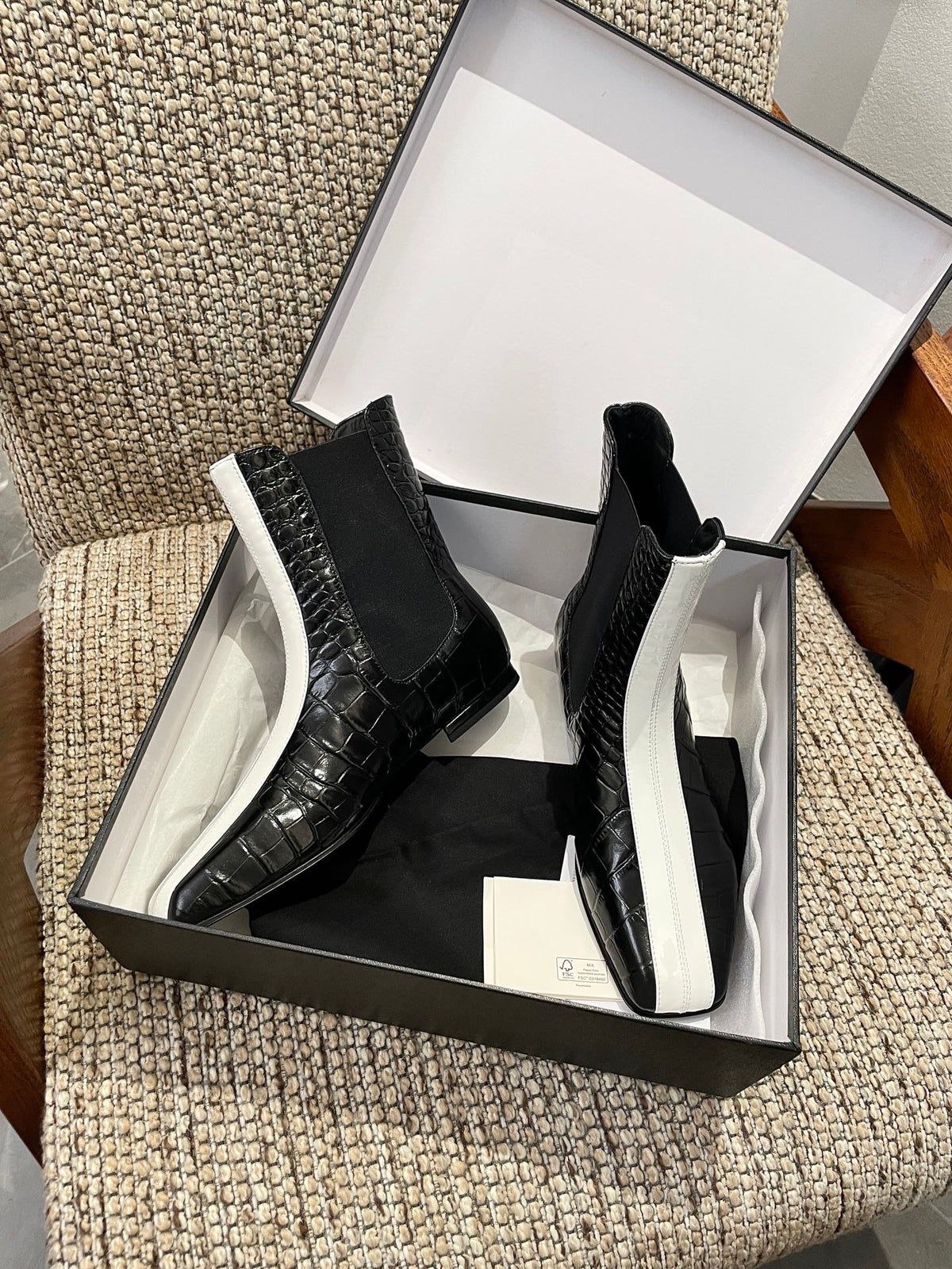 Chanel 26s Ankle Boots Black Crocodile Embossed Calfskin White Trim