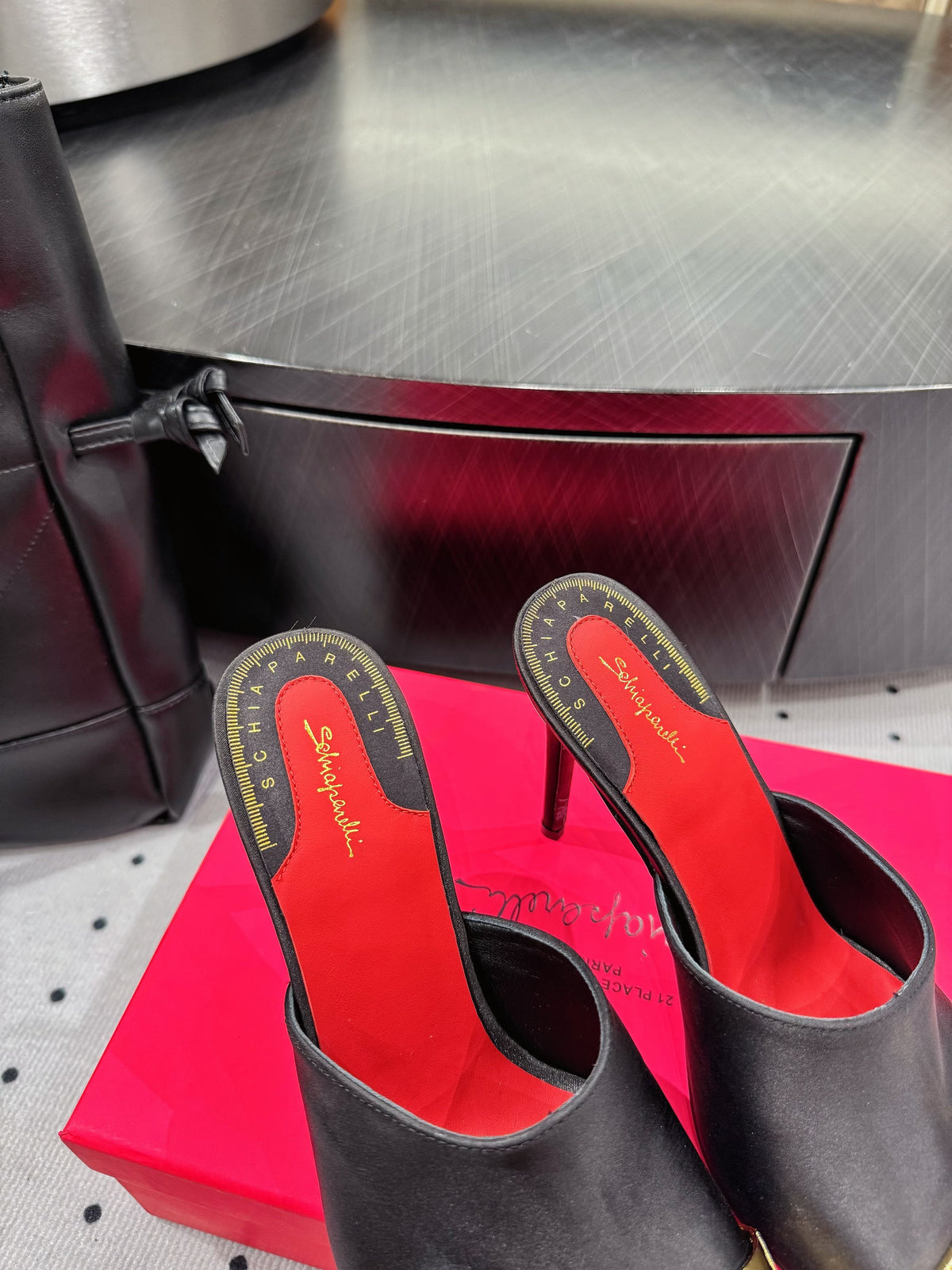 MS Trompe L'oeil Toe Mules 10.5cm Black Gold Leather Blend With Silk