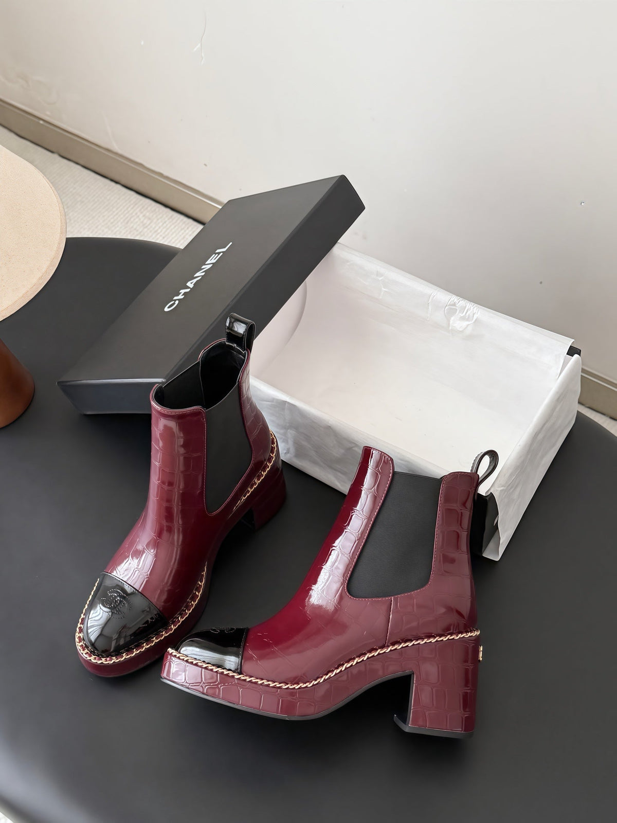 Chanel 26s Chelsea Ankle Boots 7 Cm Burgundy Embossed Black Patent