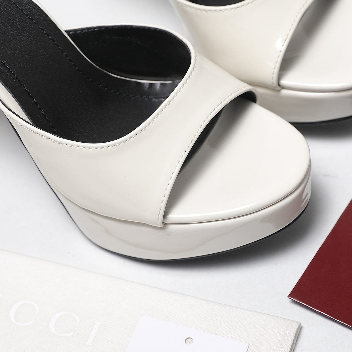 Gucci 26s Heeled Slide Sandals 12cm White Patent Calfskin