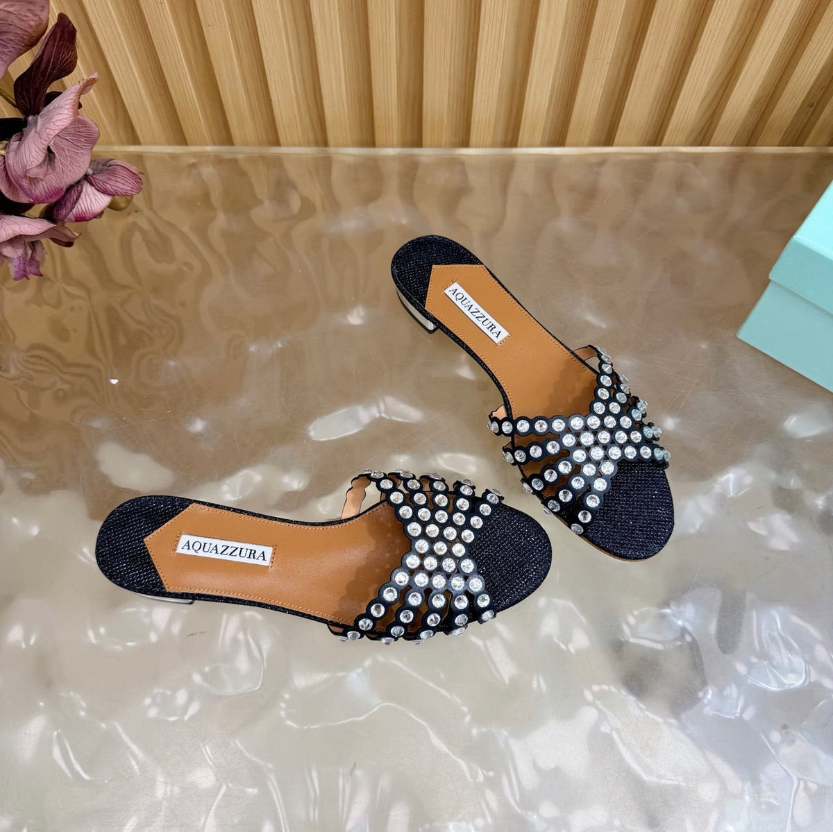 Aquazzura 26s Slides Black Lurex Fabric 830154