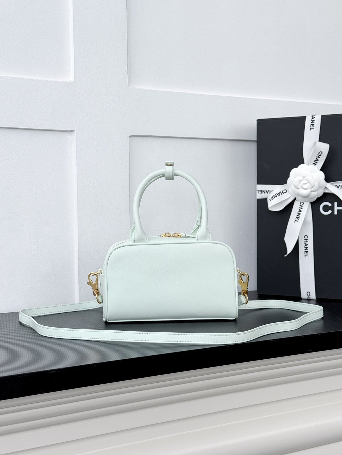 Chanel 2026 Strap Clutch Bag Mint Green Gold Hardware Leather