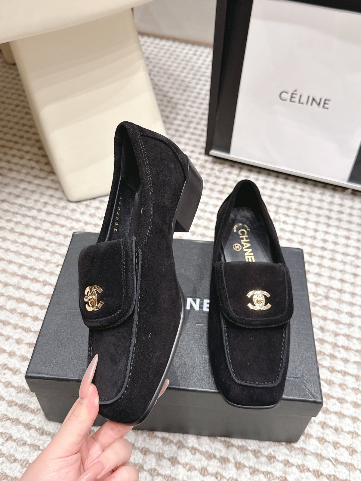 CC 26S Loafers in Black Suede with Gold-Tone CC Logo