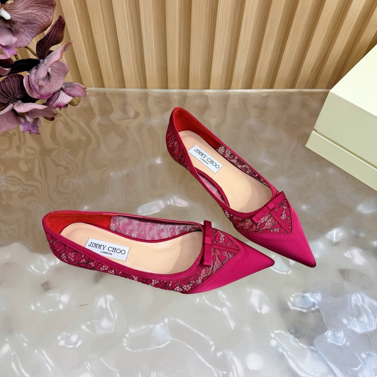 Jimmy Choo 26S Flats Red Lace And Satin 718324