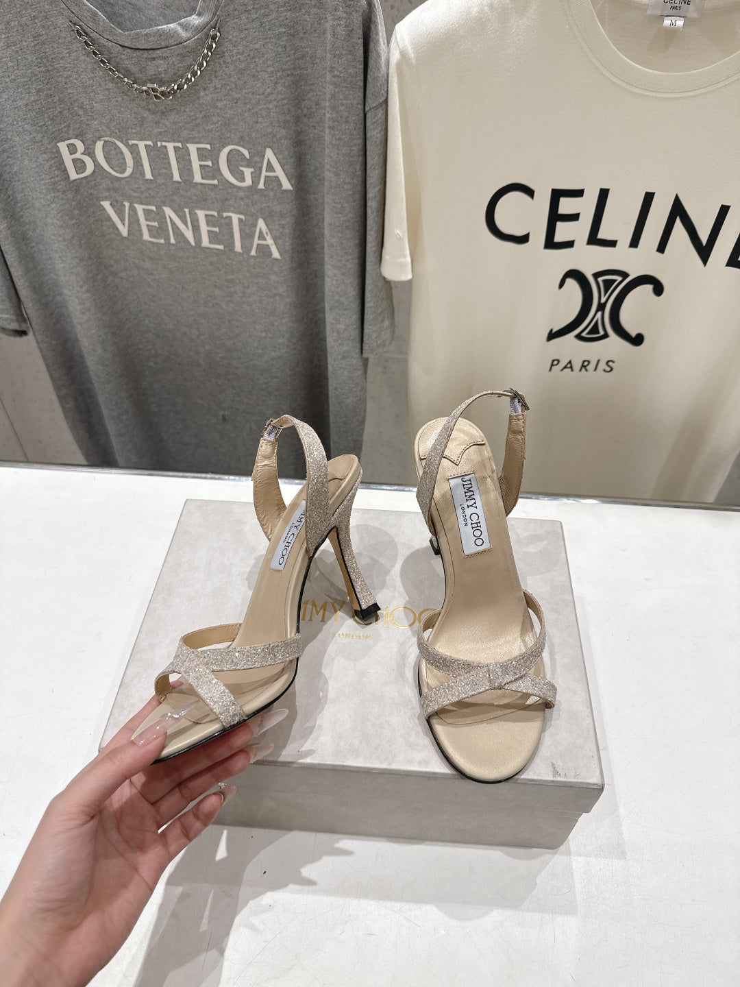 Jimmy Choo 26S High-Heeled Sandals 10.0cm Light Beige Glitter Fabric 618439