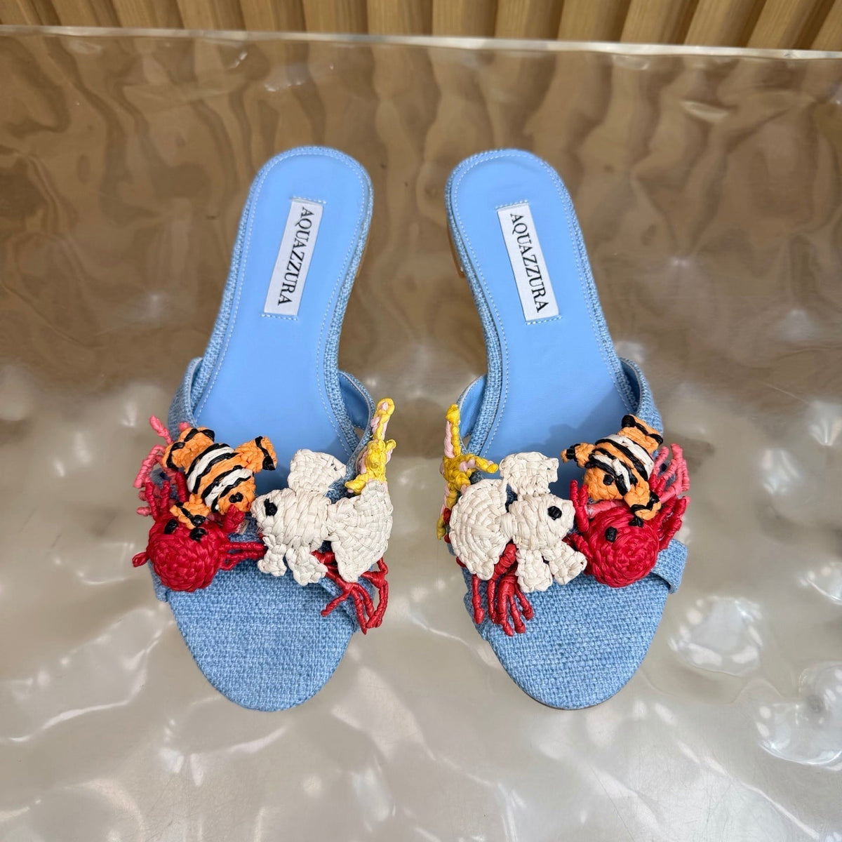 Aquazzura 26s Sandals Sky Blue Canvas With Crochet Appliques 395817