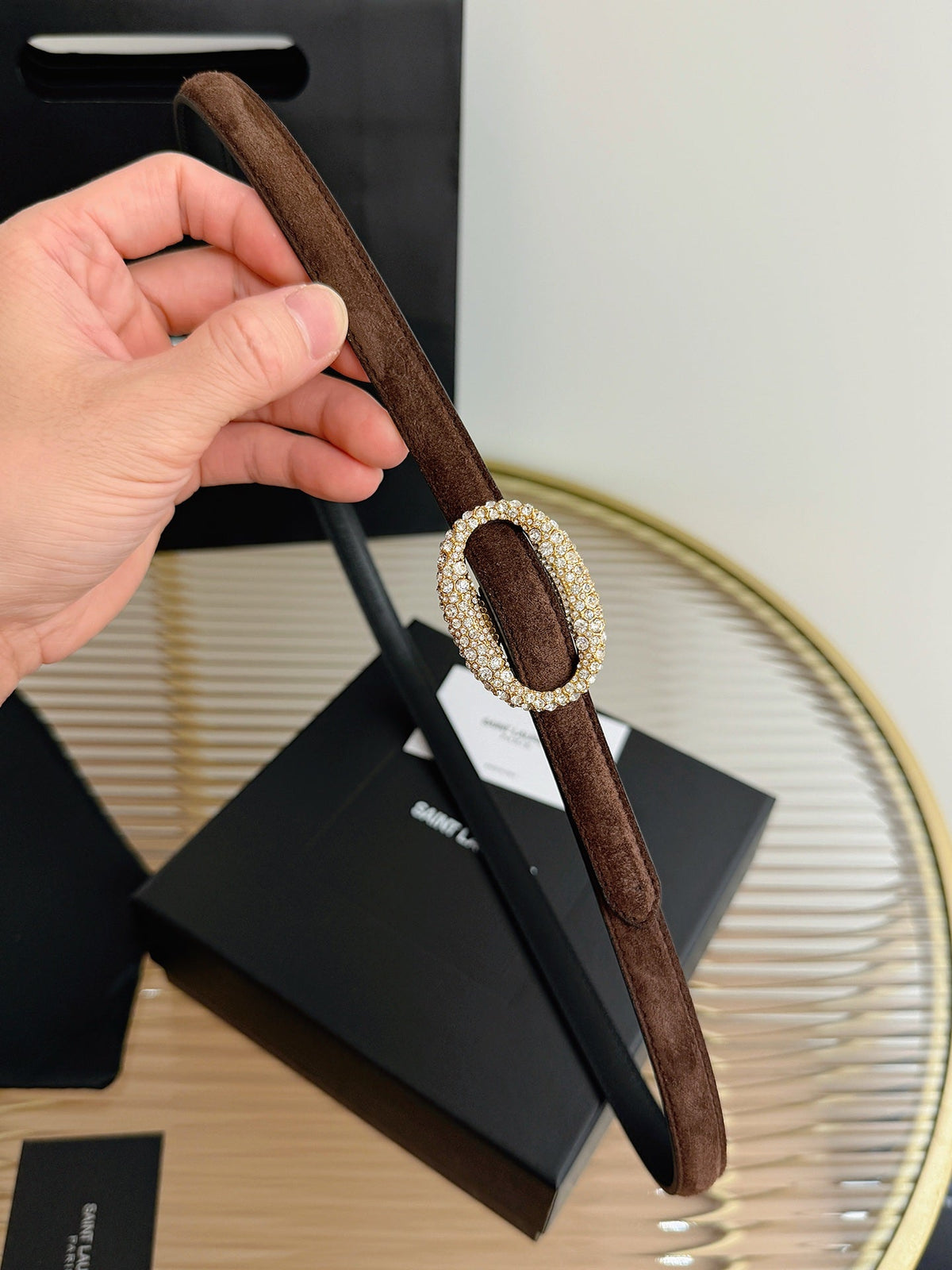 Saint Laurent 2026 Oval Belt 15mm Brown Suede 219134