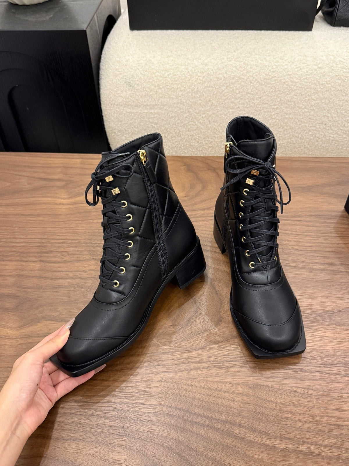 Chanel 26s Lace Up High Top Boots 4.5 Cm Black Calfskin
