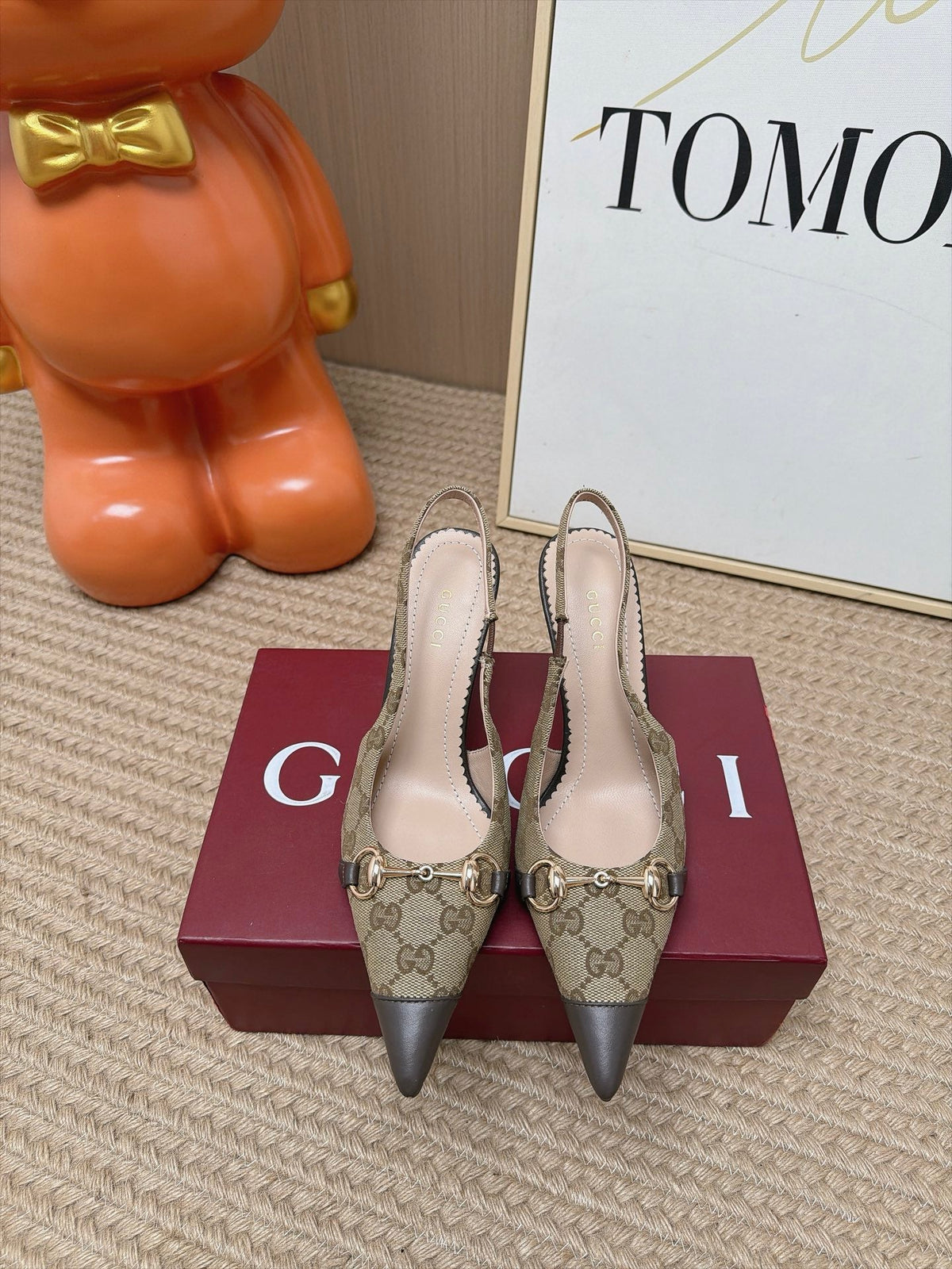 Gucci 26s Slingback Heels 10.5cm Beige Canvas Mix Brown Lambskin