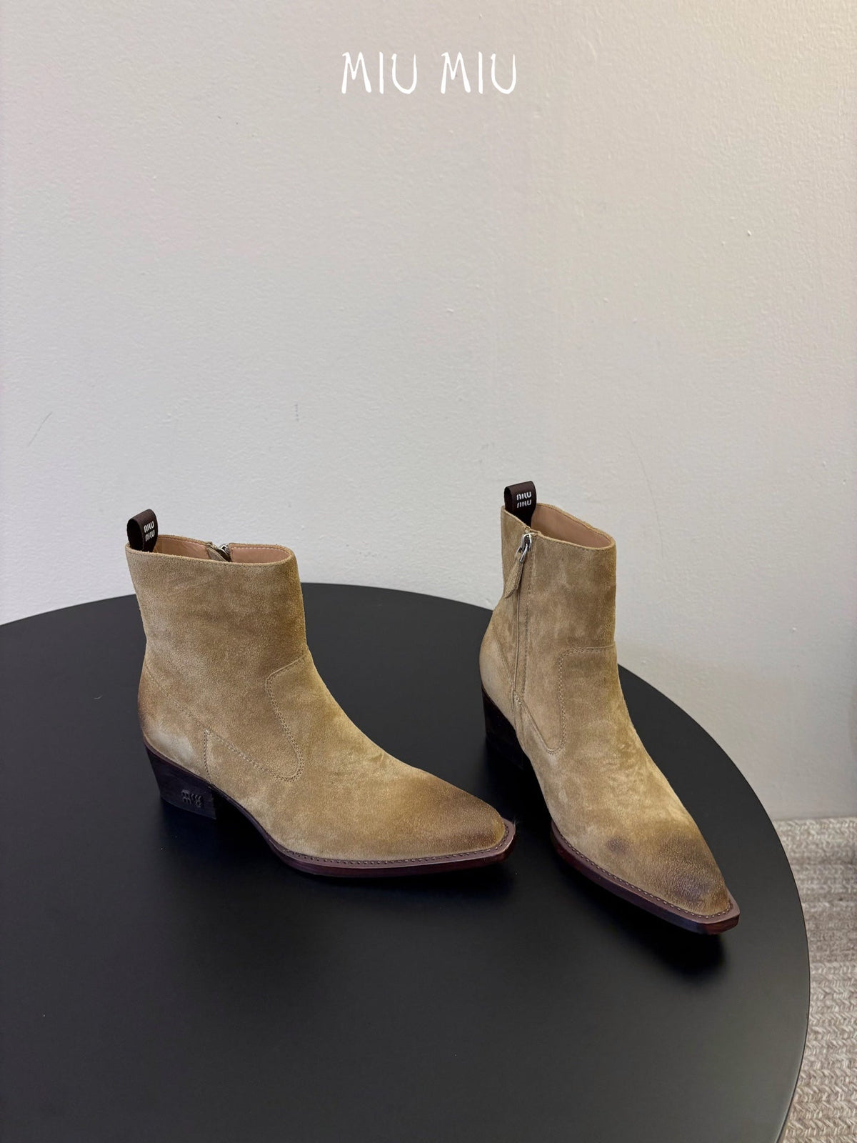 Miumiu 26s Western Ankle Boots Sand Beige Suede