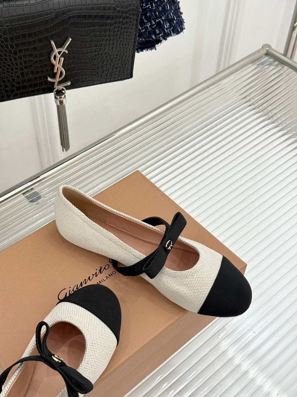 GR 26s Mary Jane Flats Black White Fabric 164781