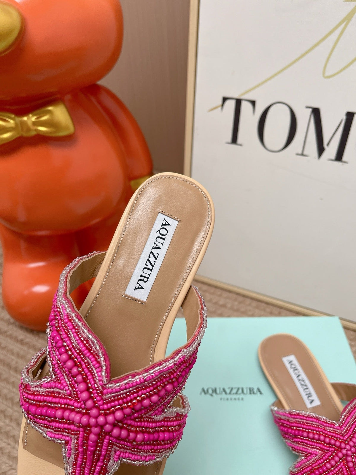 Aquazzura 26s Starfish Beaded Thong Sandals Pink And Beige Lambskin 482017