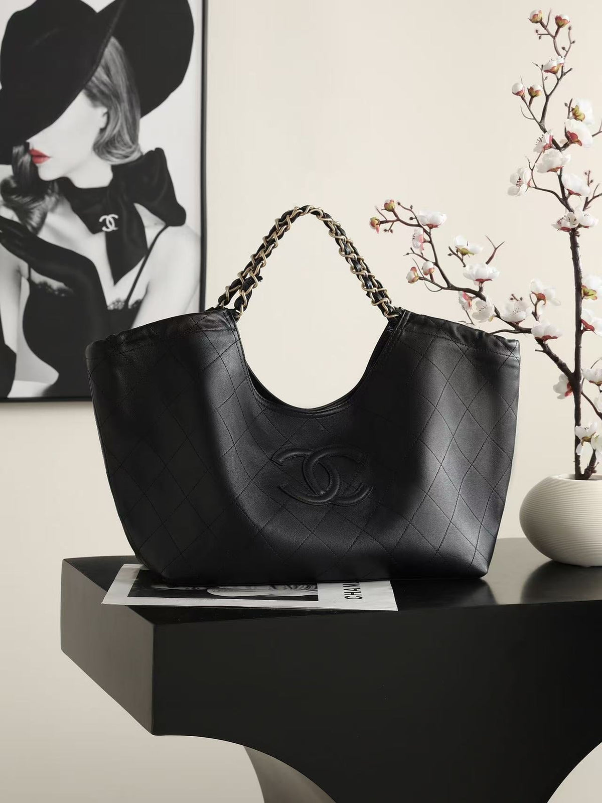 CC Quilted Large Tote Bag 38cm Black Cowhide Leather