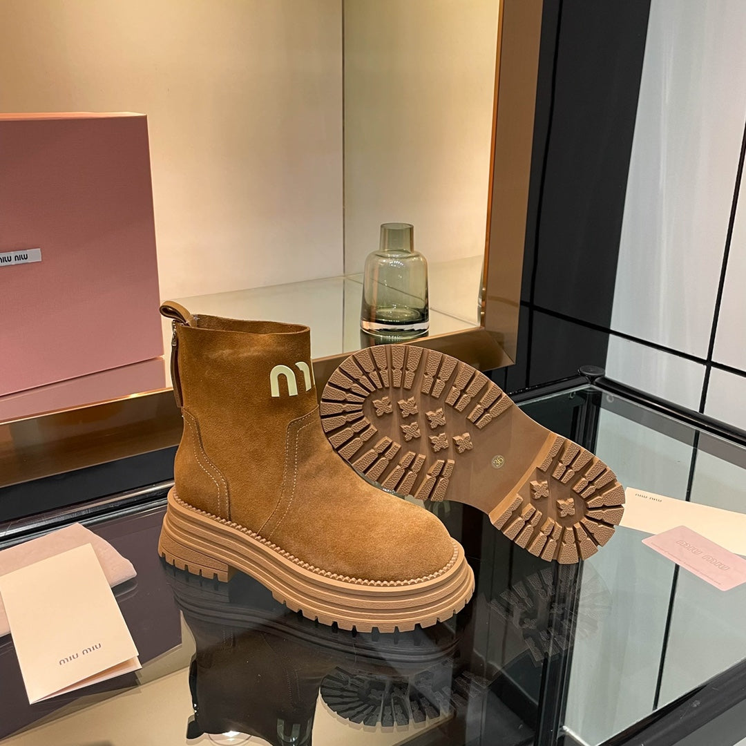 Miumiu 26s Logo Chunky Ankle Boots Camel Brown Suede