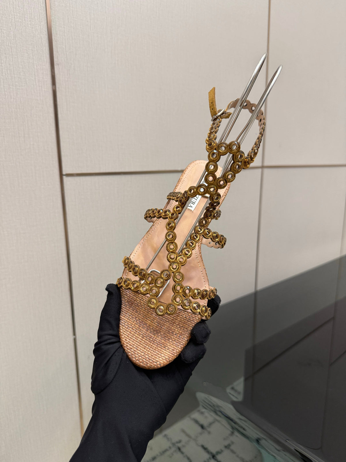 Aquazzura 26s Ankle-Strap Sandals Brown Woven Fabric 502814