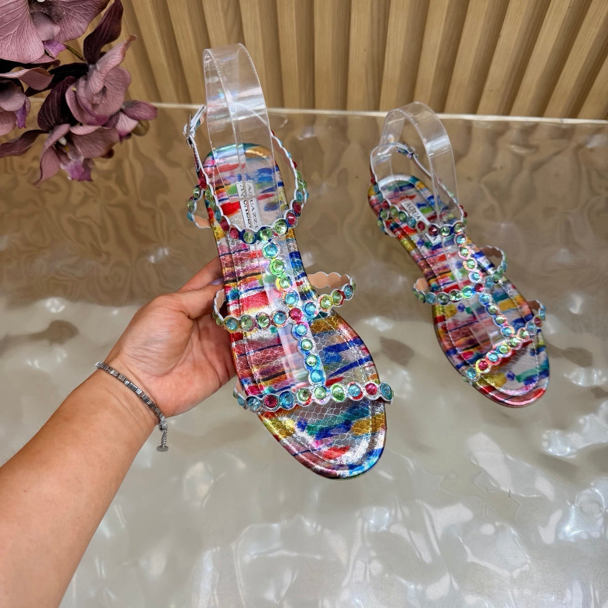 Aquazzura 26s Flat Sandals Multicolor Snakeskin Crystal Embellished 628314
