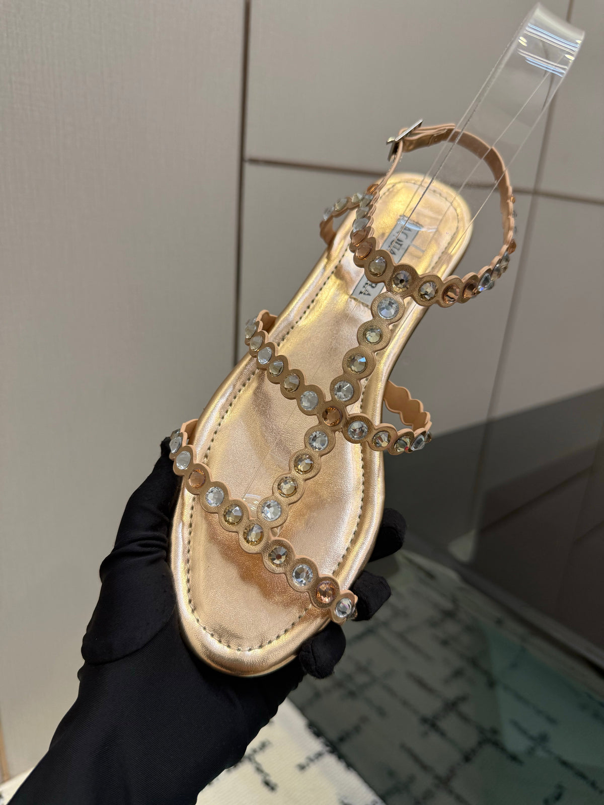 Aquazzura 26s Flat Sandals Rose Gold Lambskin Crystal-Embellished 719405