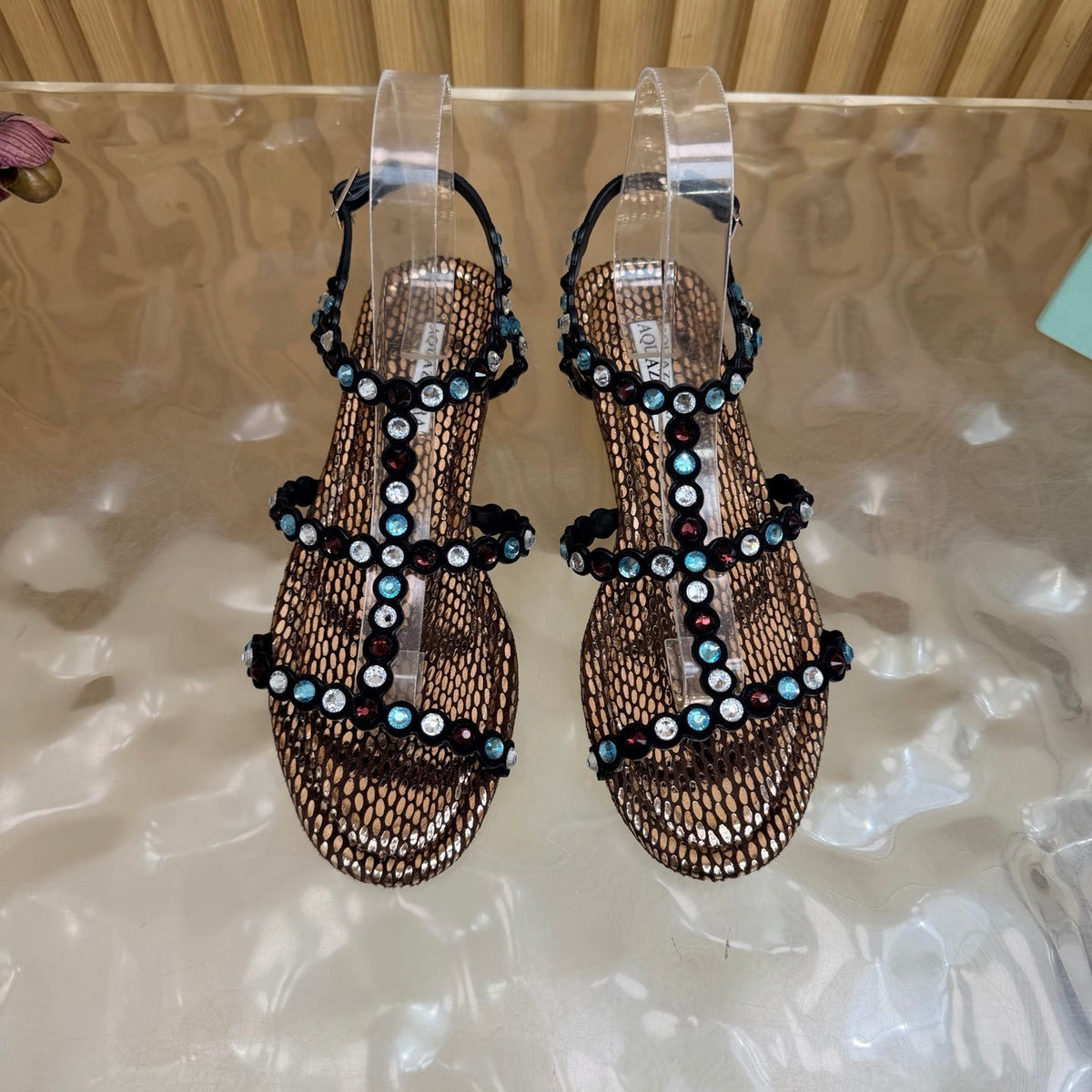 Aquazzura 26s Flat Sandals Bronze Metallic Snakeskin Crystal Embellished 831495