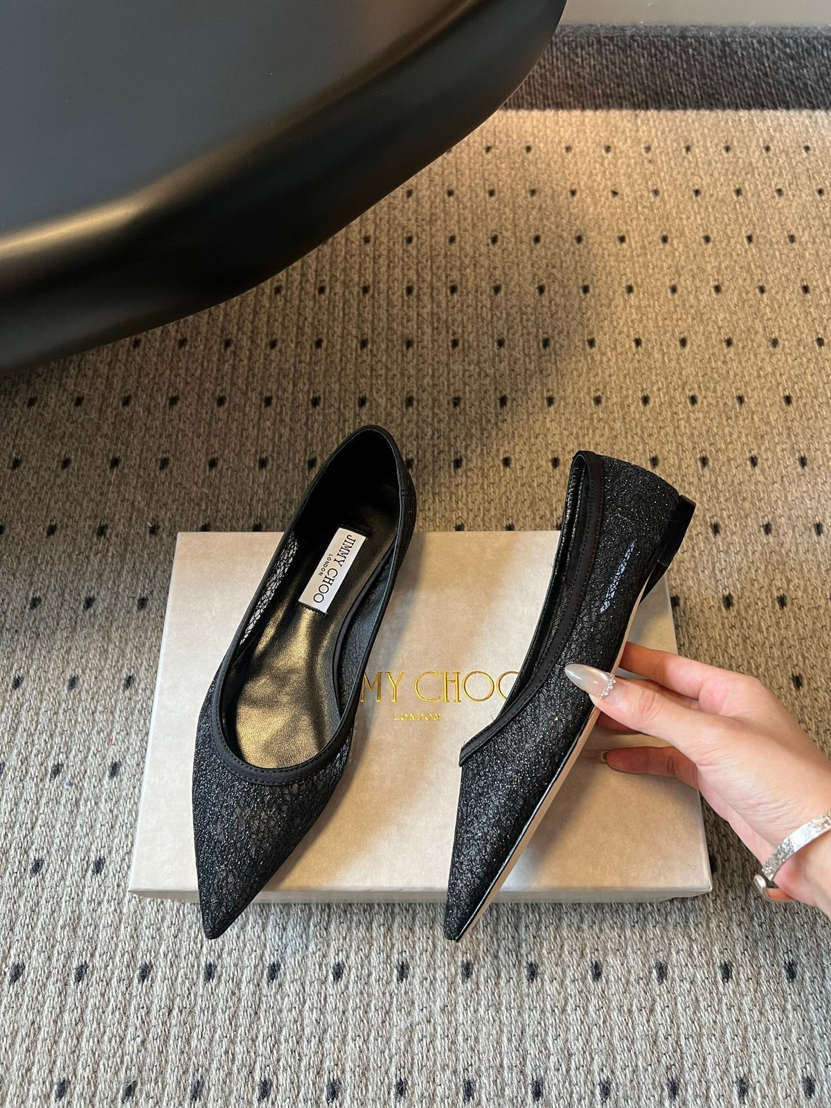 Jimmy Choo 26S Pointed-Toe Flats Black Mesh 948135