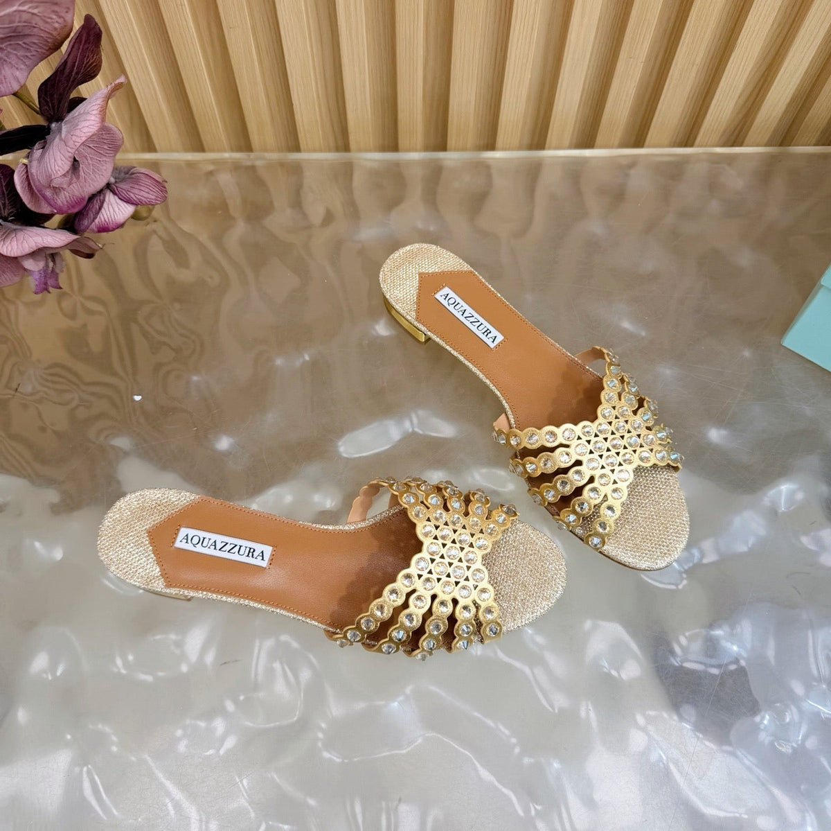 Aquazzura 26s Slides Beige Lurex Fabric 491028