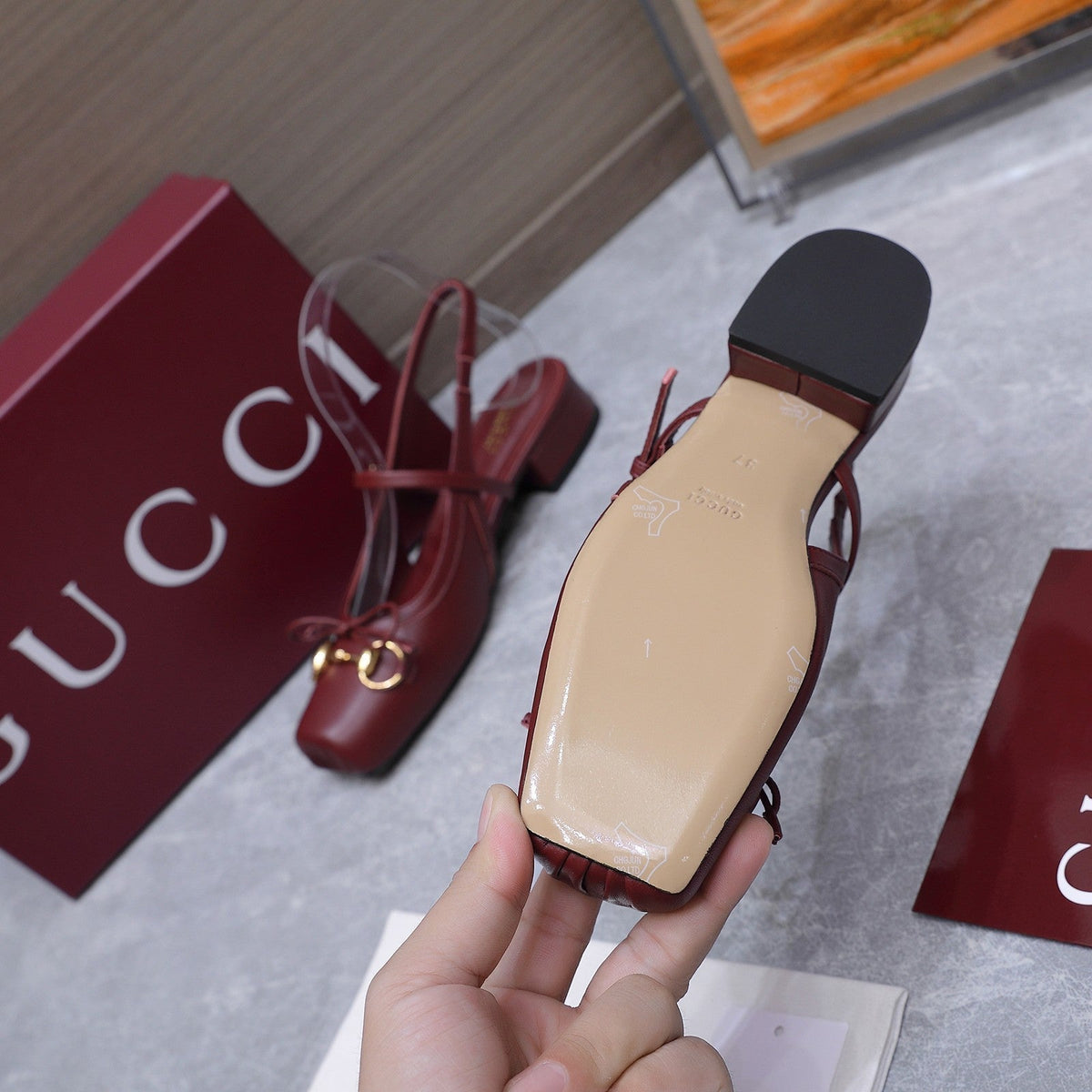 Gucci 26s Slingback Pumps Burgundy Red Calfskin Gold Hardware