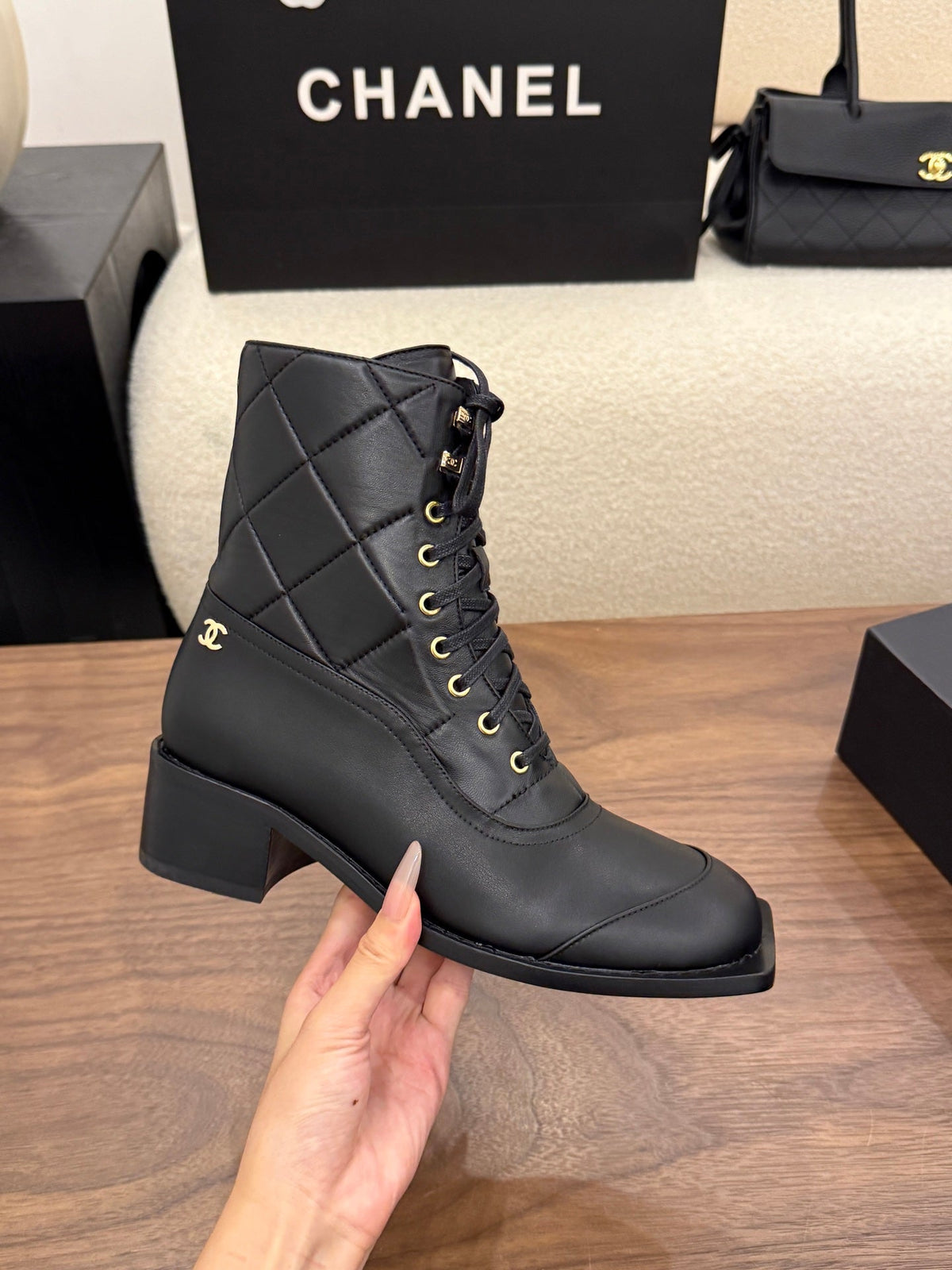 Chanel 26s Lace Up High Top Boots 4.5 Cm Black Calfskin