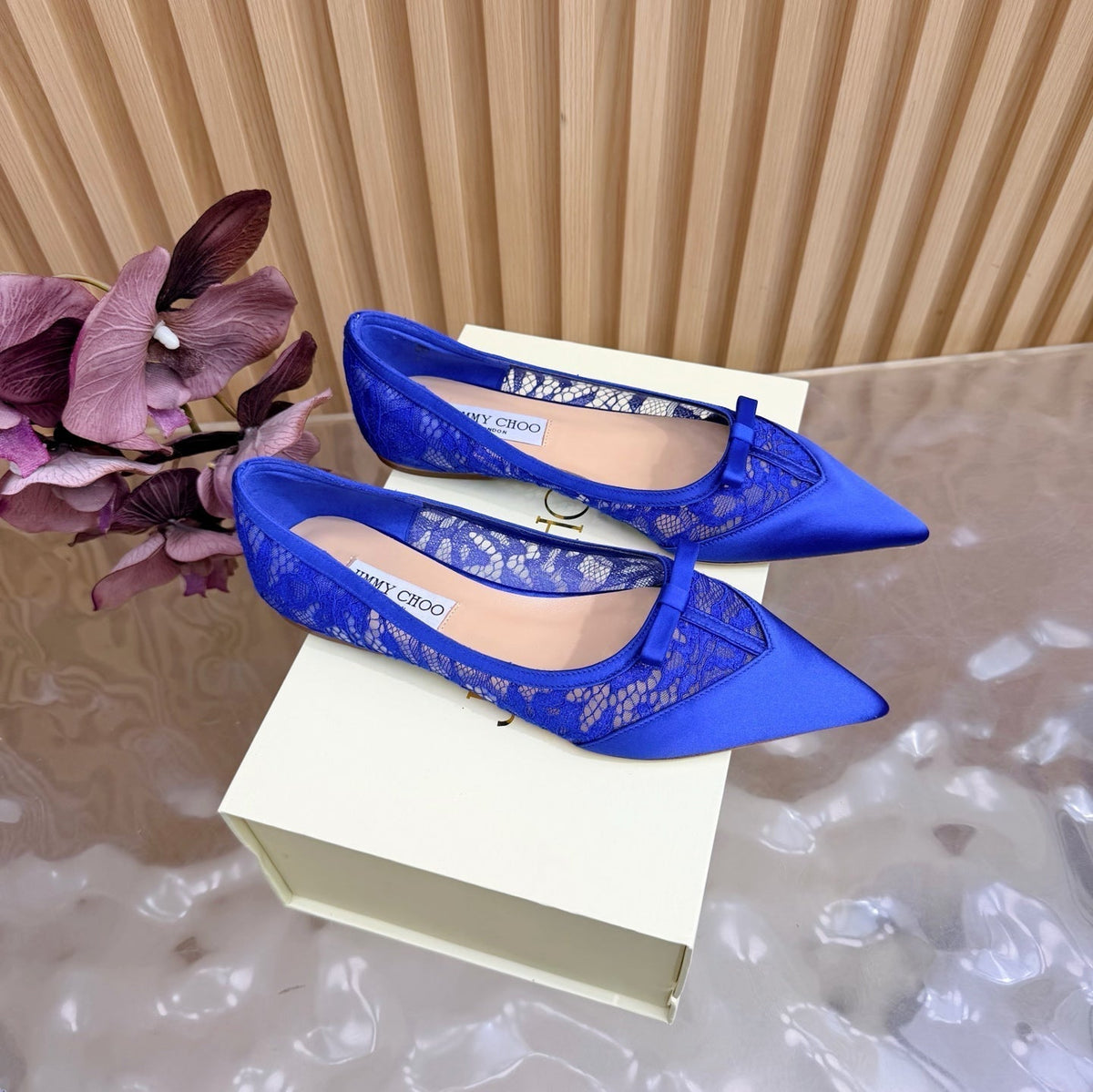 Jimmy Choo 26S Flats Dark Blue Lace And Satin 735219