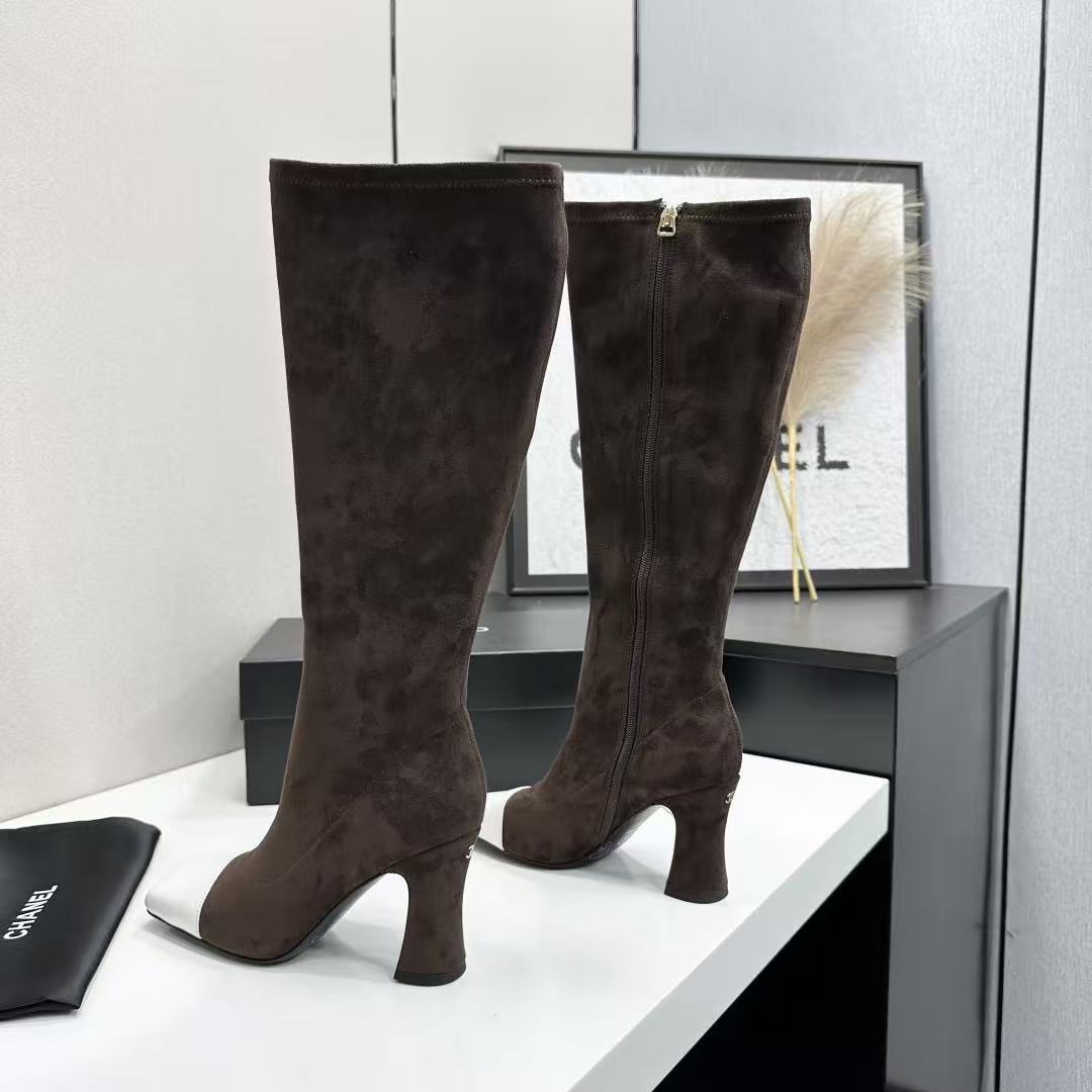 CC Bicolor Cap-Toe High Boots 8.5cm Dark Brown Stretch Suede