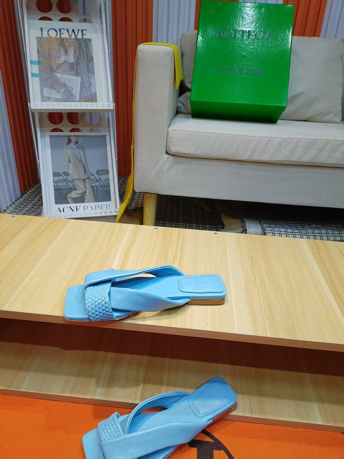 BV Riva Sandals Flat Woven Blue Leather 139881