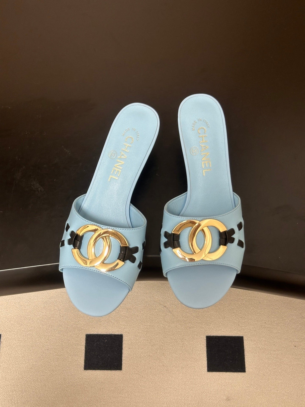 CC 26S High Heel Mule in Light Blue Lambskin with Gold-Tone CC Logo