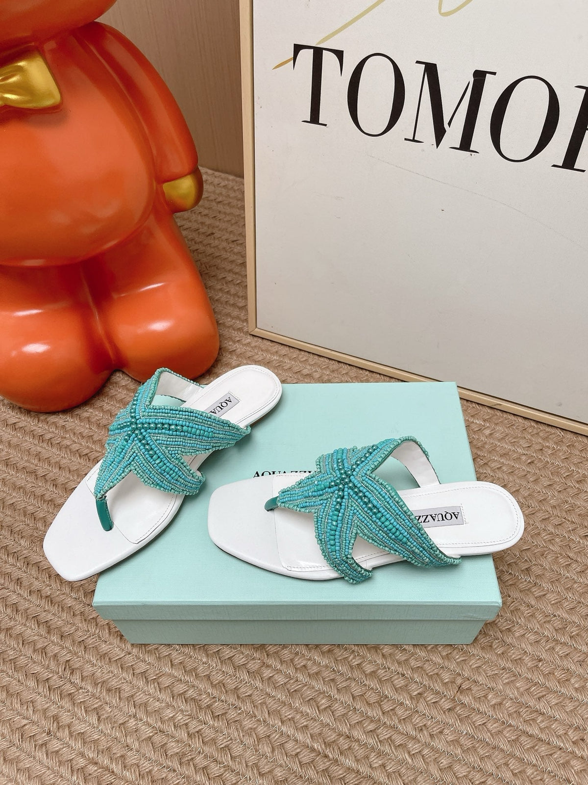 Aquazzura 26s Starfish Beaded Thong Sandals White & Turquoise Lambskin 174952