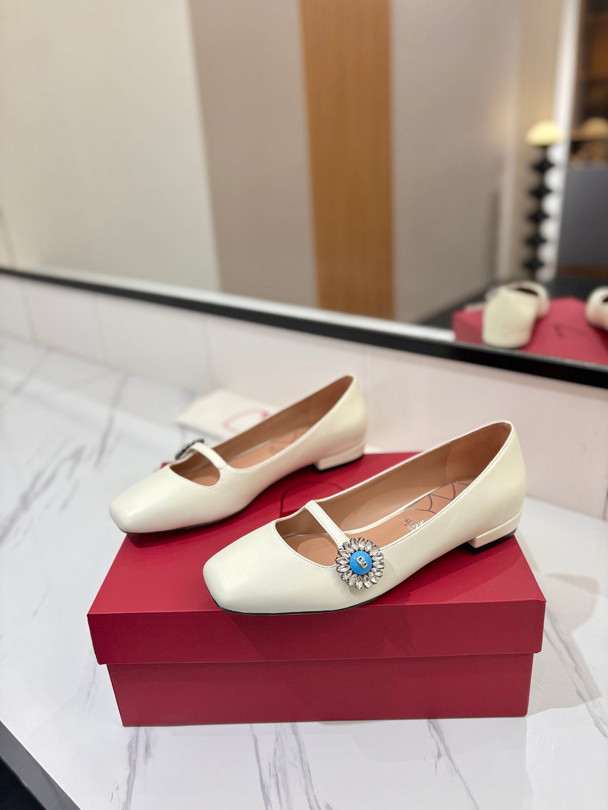 VLTN 26s Mary Jane Flats In White Calfskin With Crystal Flower