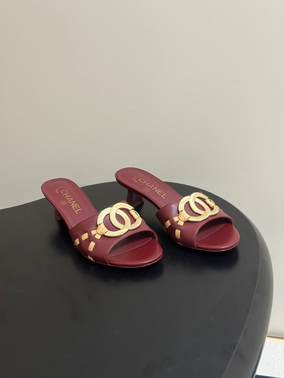 CC 26S High Heel Mule in Red Lambskin with Gold-Tone CC Logo