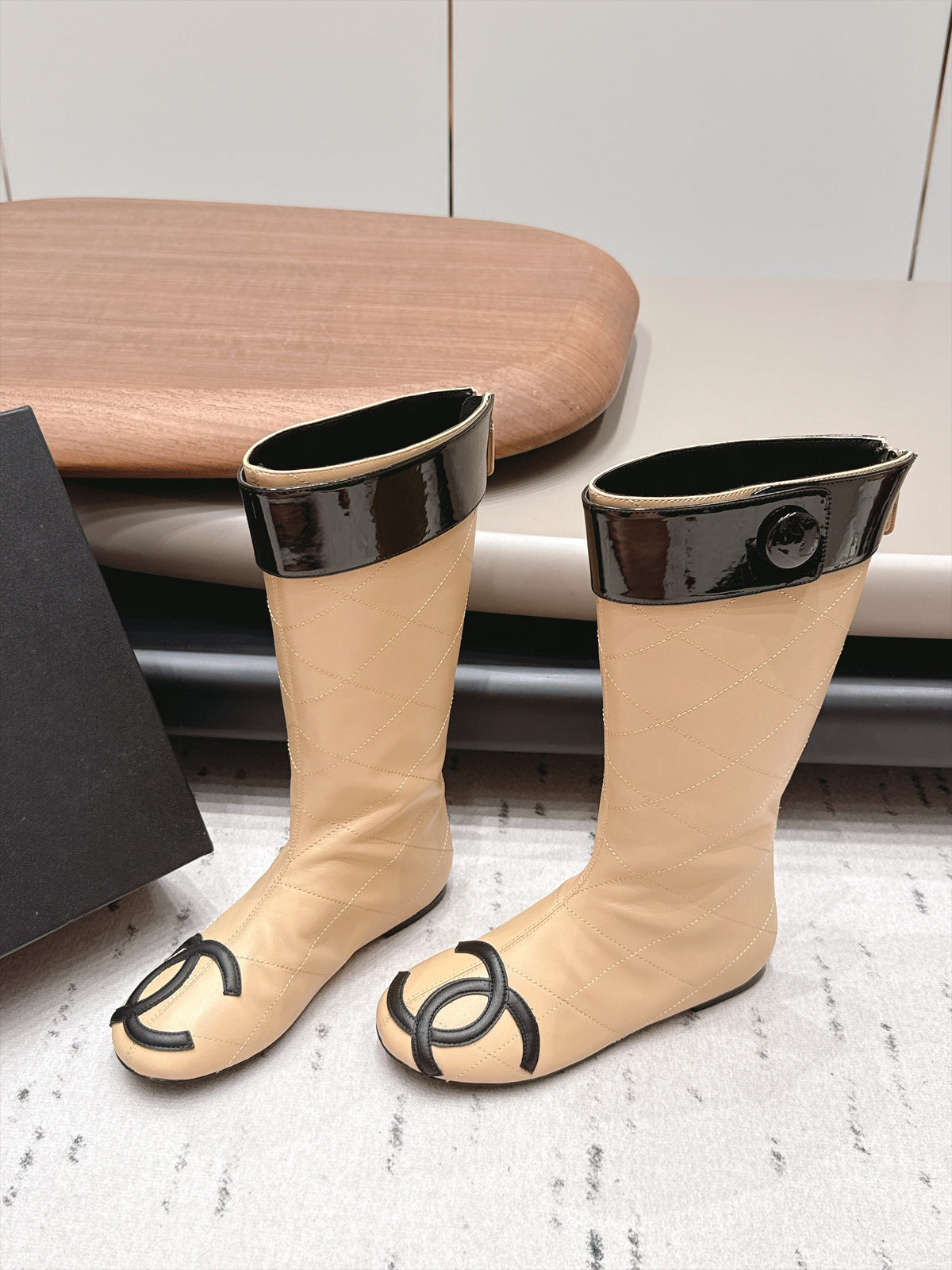Chanel 26s Knee High Boots Beige Quilted Calfskin Black Patent Cuff