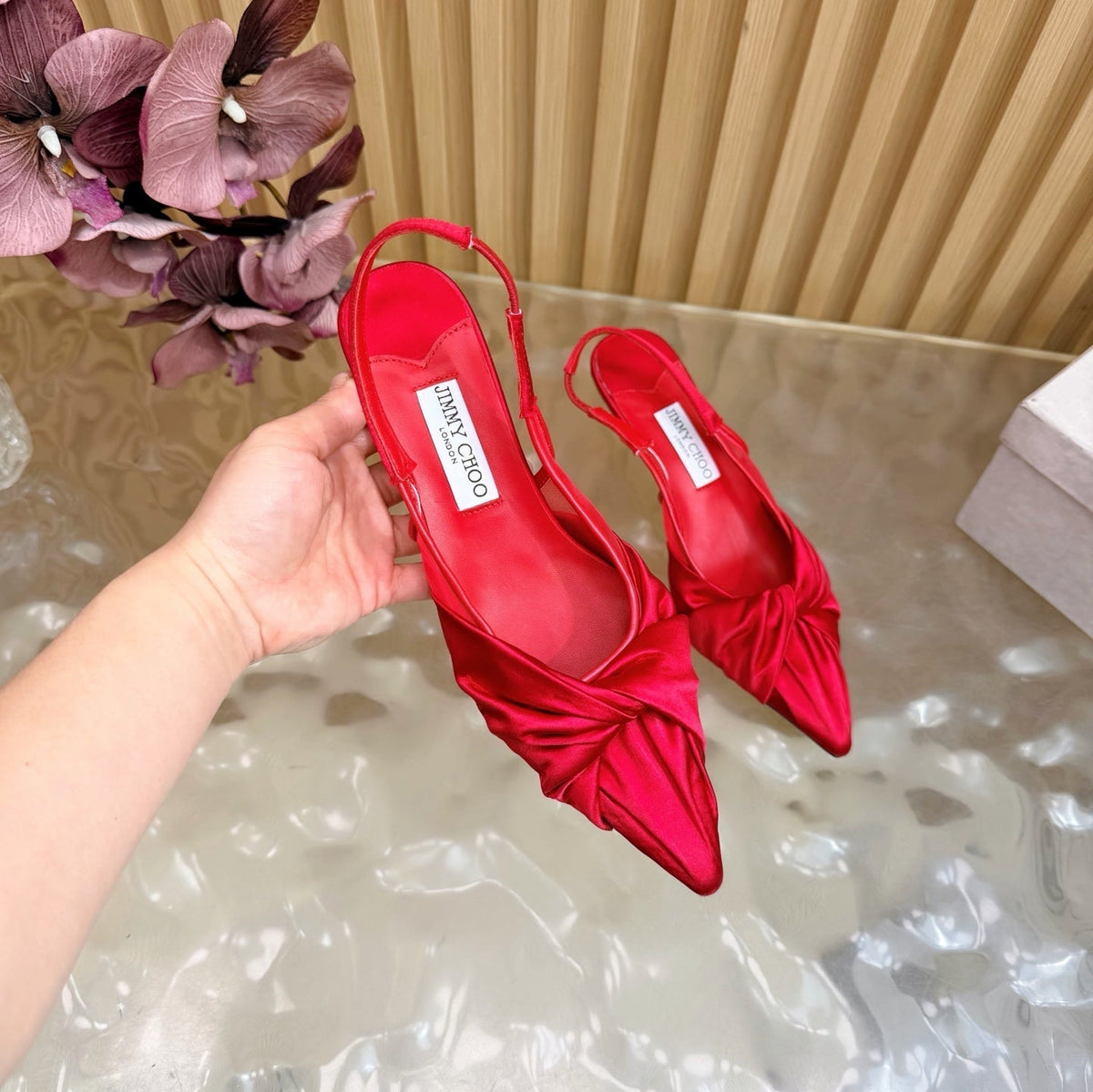 Jimmy Choo 26S Slingback Heels 6.0cm Red Satin With Knot Detail 491375