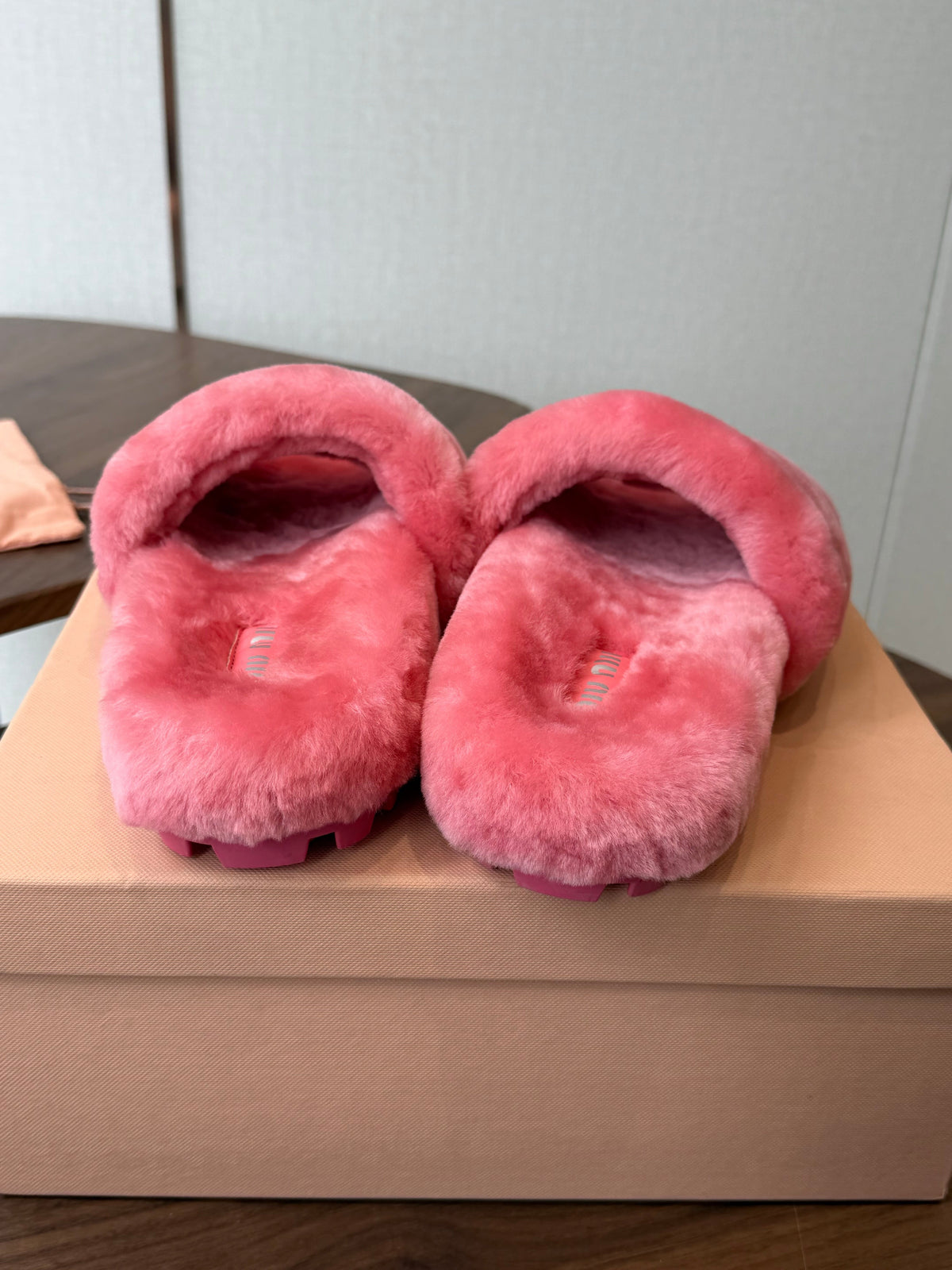 Miumiu 26s Crystal Logo Slides Pink Shearling