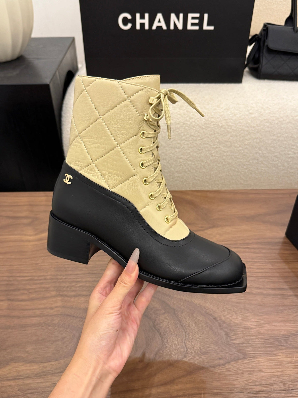 Chanel 26s Lace Up High Top Boots 4.5 Cm Black Beige Calfskin