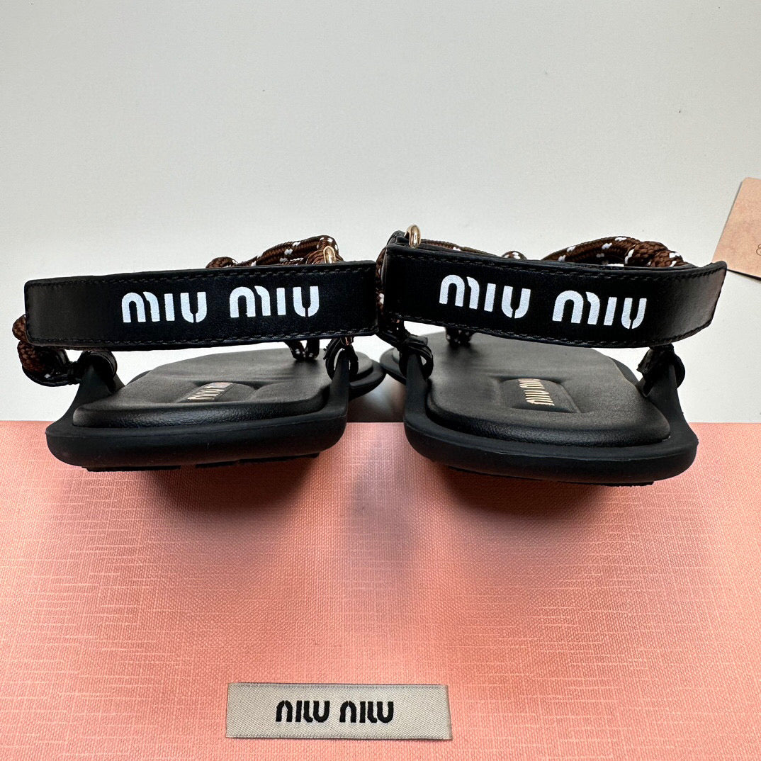 miu riviere cord & leather brown sandal