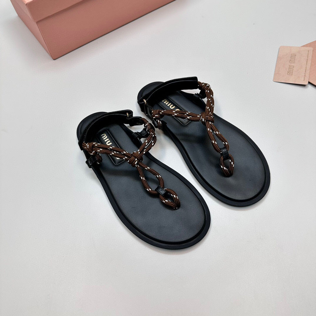miu riviere cord & leather brown sandal