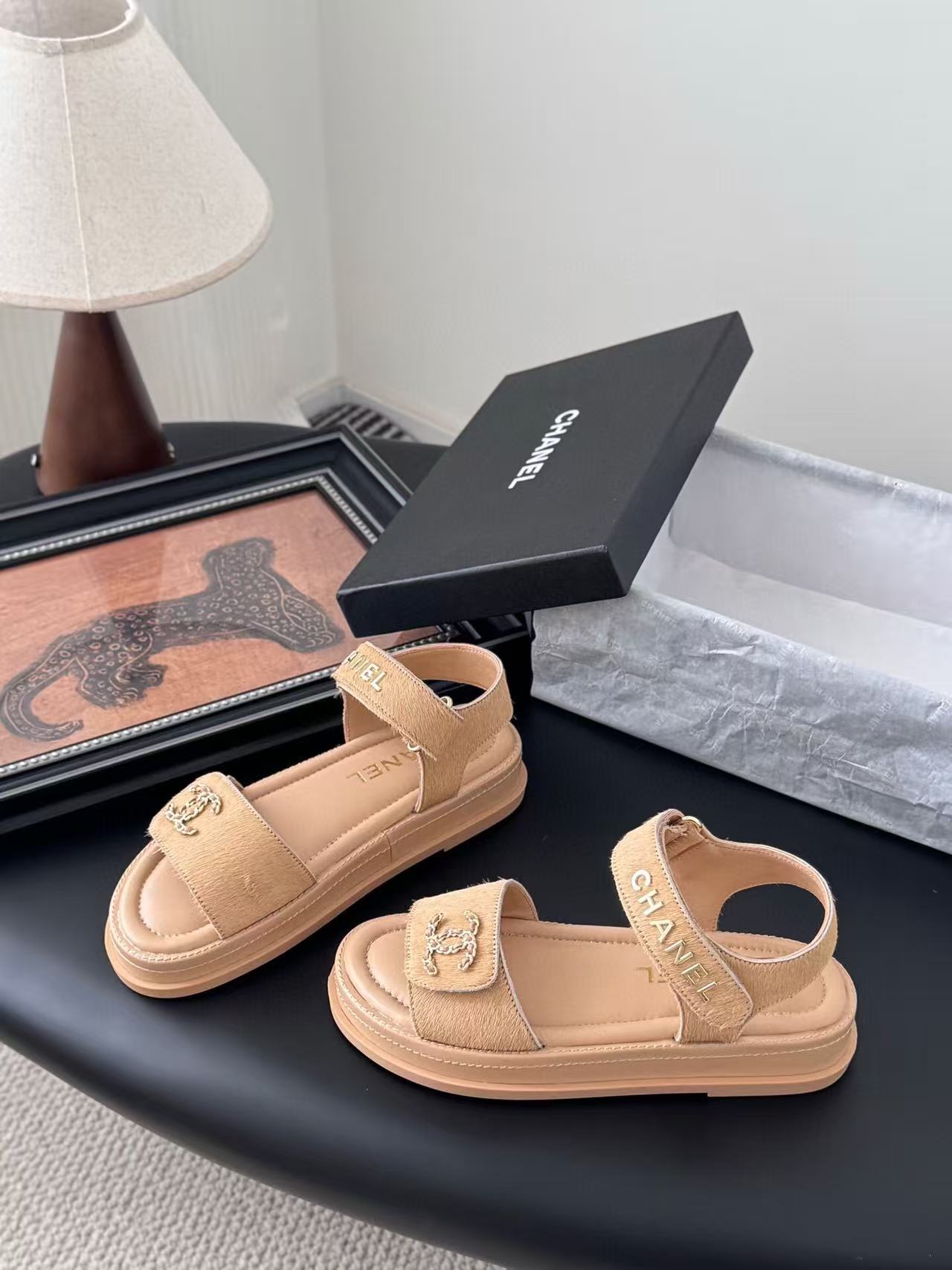 Chanel Sandal Beige Horsehair Calfskin