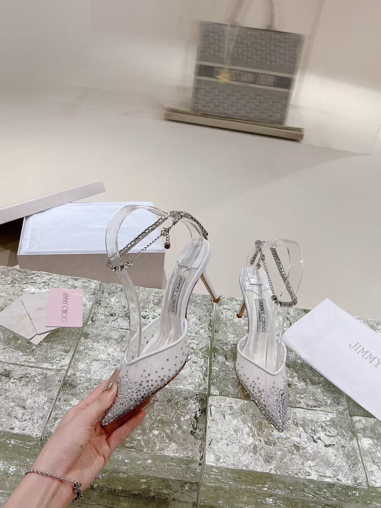 Jimmy Choo 100mm Saeda Crystal-embellished Pumps White Mesh Calfskin