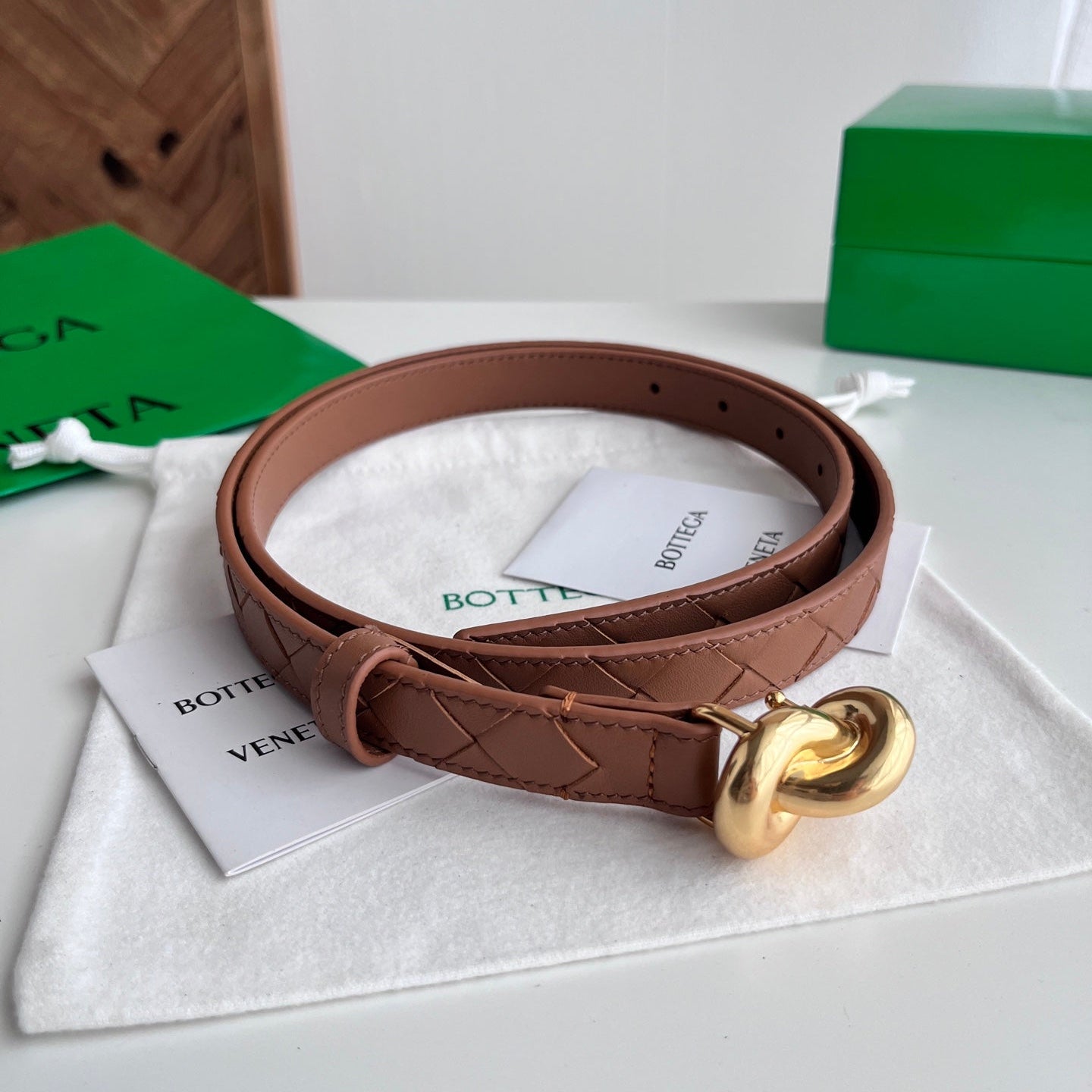 BV 26S Intreccio Andiamo Knot Buckle Belt 3cm Camel Gold Calfskin 192587