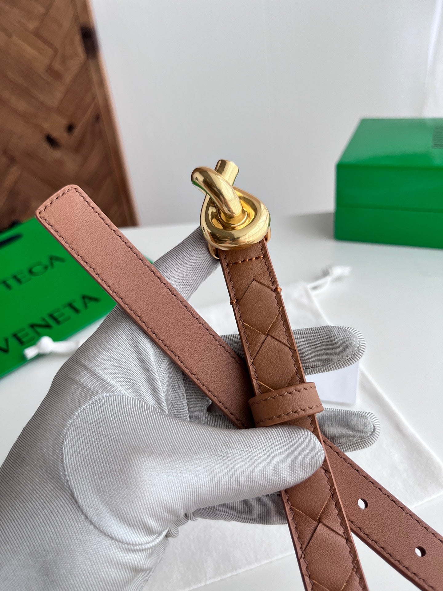 BV 26S Intreccio Andiamo Knot Buckle Belt 3cm Camel Gold Calfskin 192587