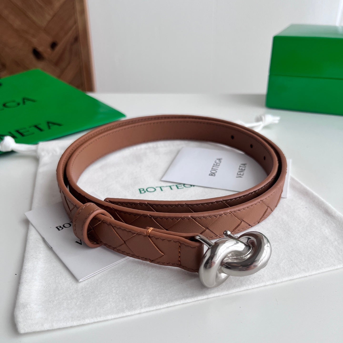 BV 26S Intreccio Andiamo Knot Buckle Belt 3cm Camel Sliver Calfskin 192588