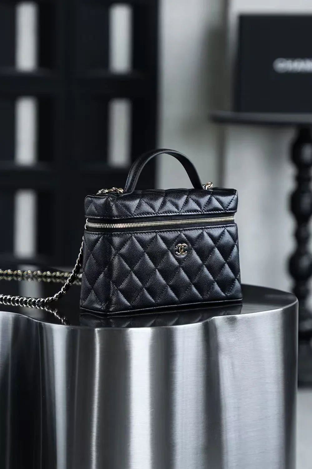 Chanel 2026 Vanity Bag 19.5cm Black Silver Caviar Leather