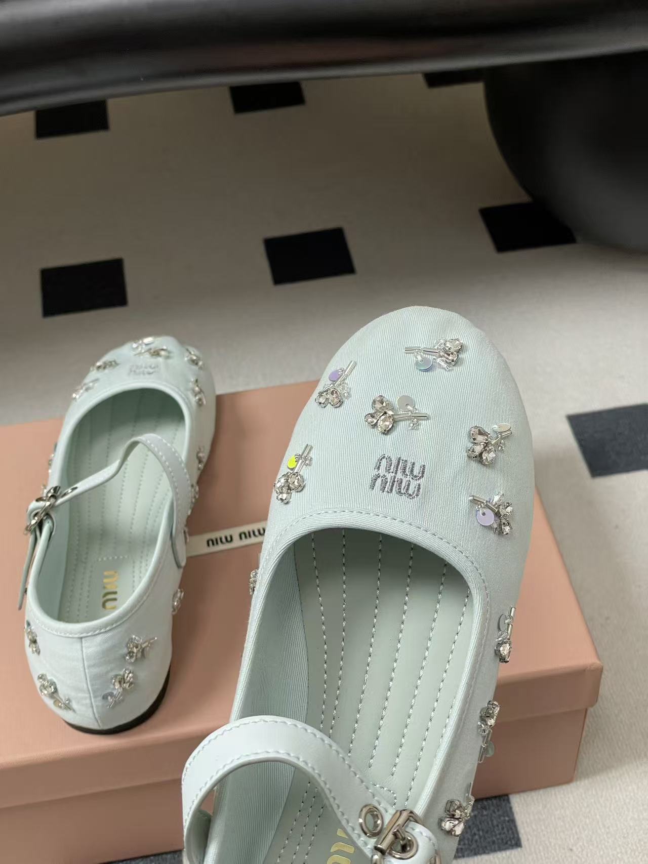 Miu 26s Crystal-Embellished Drill Ballerinas Light Blue Canvas